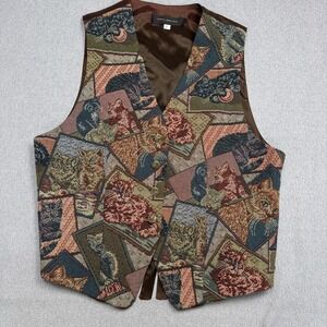 Vintage Harris Wallace‎ Cat Tapestry Vest Women's Large Cottagecore Kitten